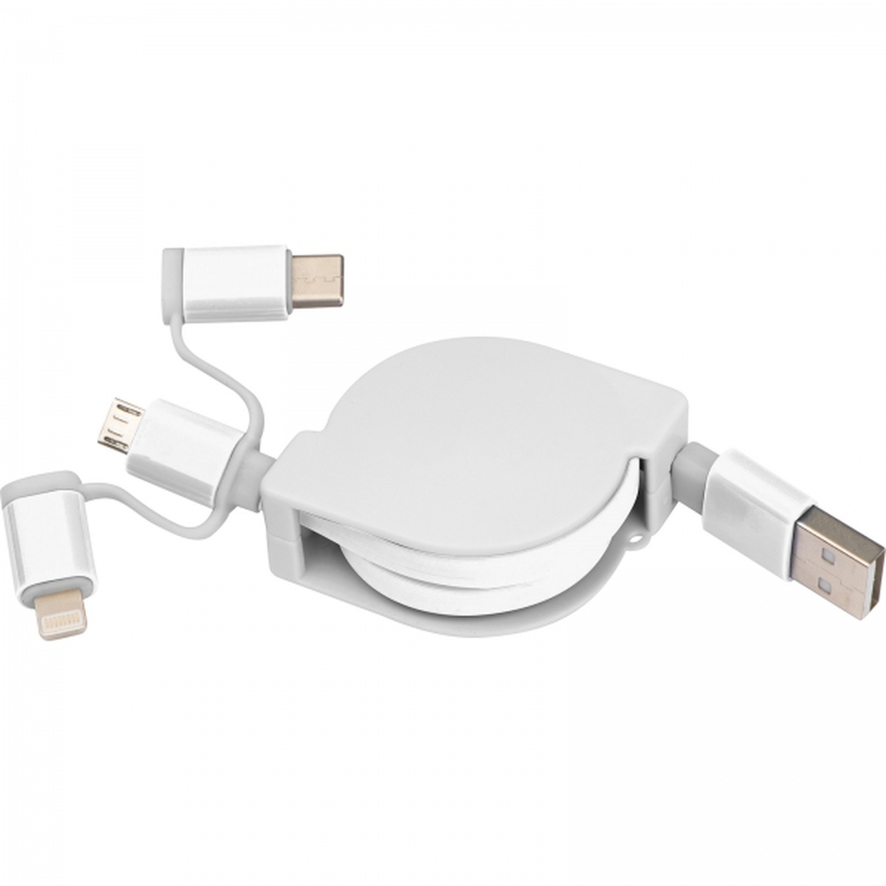 Kabel do ładowania z 3 wtyczkami rozwijany NICO Biały 2165206 