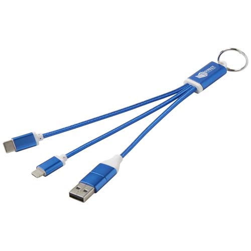 Metal kabel do ładowania 4 w 1 z aluminium z recyklingu z łańcuchem do kluczy Królewski niebieski 12438253 (1)