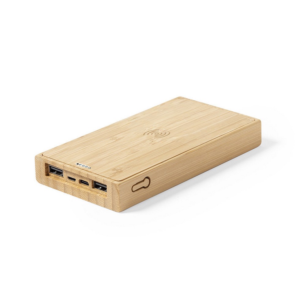 Bambusowy bezprzewodowy power bank 10000 mAh, ładowarka bezprzewodowa 5W, ładowarka słoneczna Brązowy V8335-16 (3)