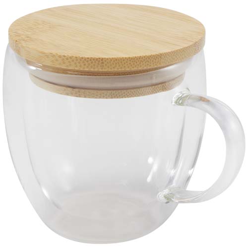 Szklany kubek Lenora z bambusową pokrywką o pojemności 250 ml Przezroczysty klarowny 11341901 (2)