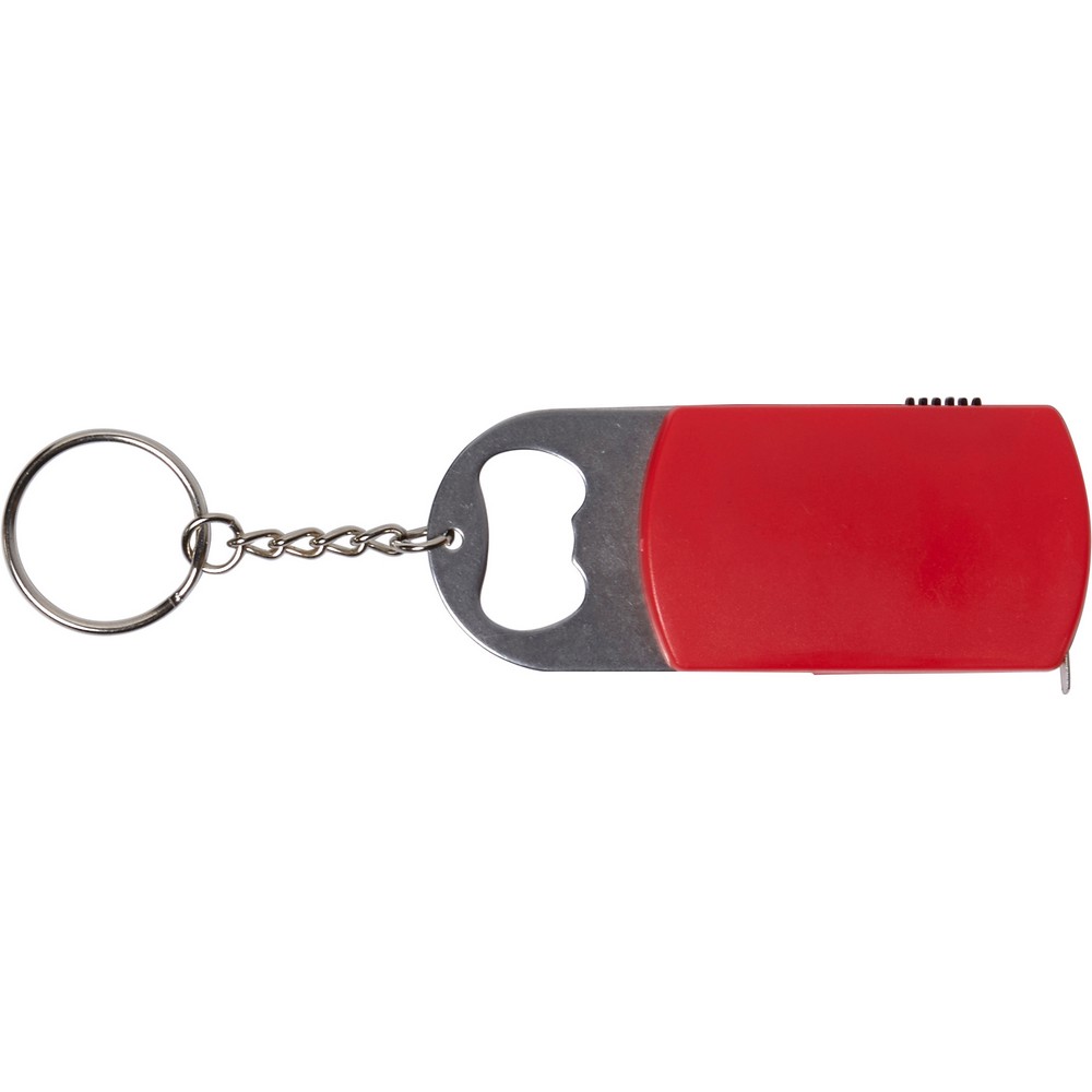 Brelok do kluczy, lampka LED, otwieracz do butelek, miara 1m Czerwony V9458-05 (1)