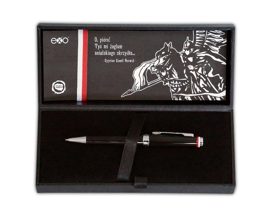 Gadżet reklamowy - Długopis EXO Husaria Polska, czarny korpus, motyw flagi, wykończenia chromowane, etui Husaria