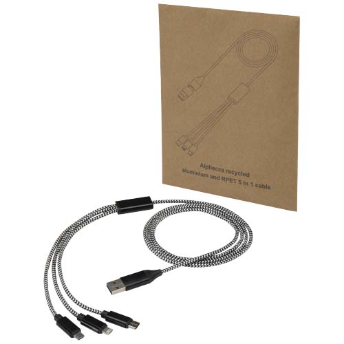 Alphecca - kabel ładujący 5 w 1 wykonany z recyklingowanego aluminium i tworzywa RPET   Czarny 12449290 