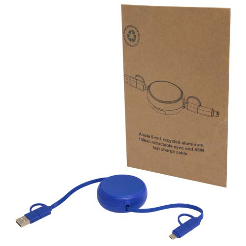 Alasia zwijany kabel do synchronizacji danych i szybkiego ładowania 5 w 1 45 W o długości 100 cm z tworzyw sztucznych i aluminium pochodzących z recyklingu Królewski niebieski 12442053 