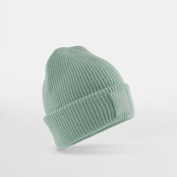 Dziecięca czapka z szerokim wywinięciem i naszywką Dusty Green CB336B-876528 
