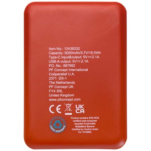 Asama powerbank o pojemności 5000 mAh Type-C z tworzyw sztucznych pochodzących z recyklingu Ceglasty 12438332 (4)