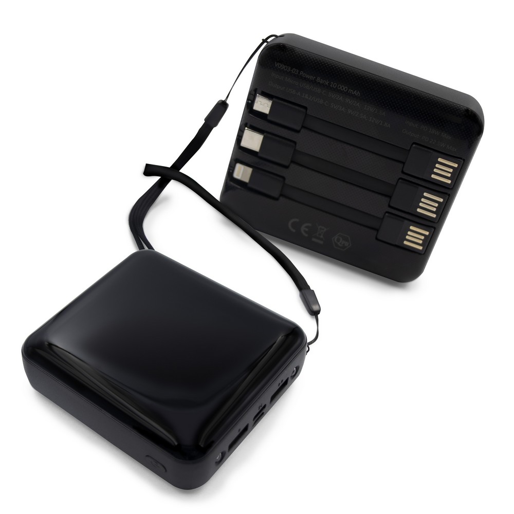 Power bank 10000 mAh, 3 kable do ładowania w komplecie | Tim Czarny V0903-03 (1)