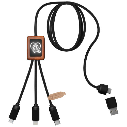 SCX.design C38 kabel do ładowania z podświetlanym logo 5-w-1 rPET i z kwadratową drewnianą obudową Czarny-Drewniany 2PX07290 