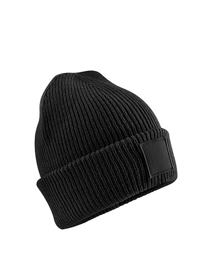 Dziecięca czapka z szerokim wywinięciem i naszywką Black CB336B-876471 
