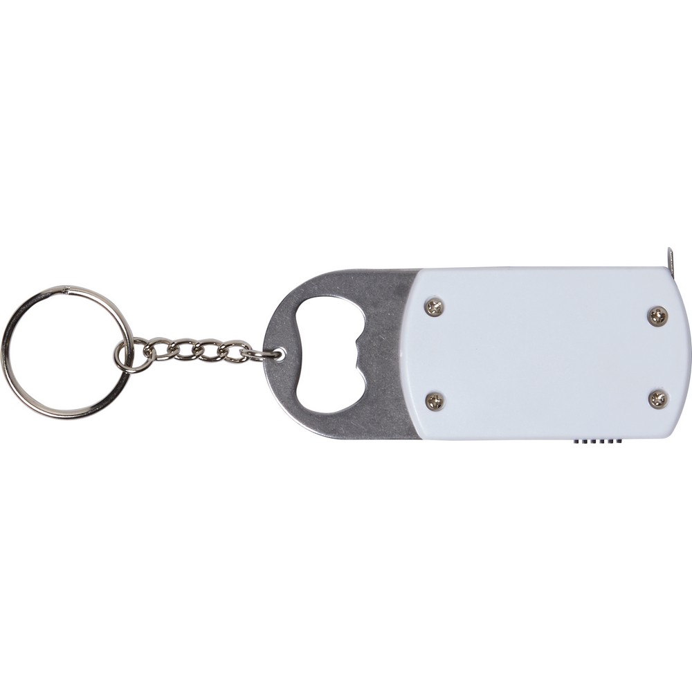Brelok do kluczy, lampka LED, otwieracz do butelek, miara 1m Biały V9458-02 (2)